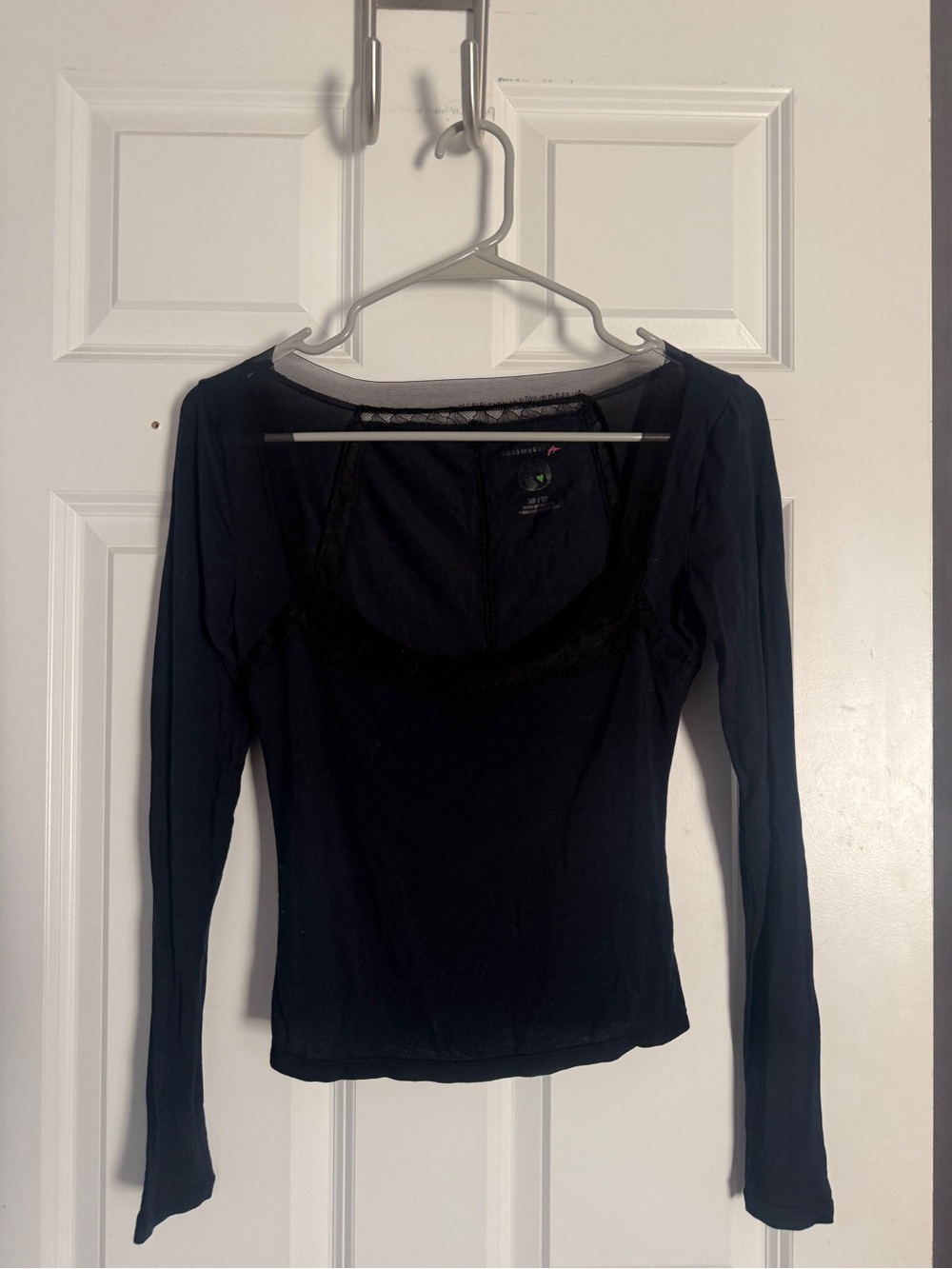 Free People Navy Long Sleeve Scoop Neck Lace Trim Top